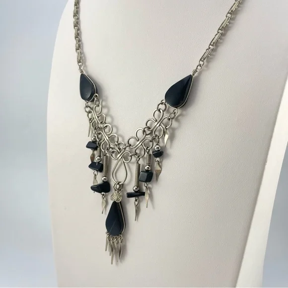 Vintage Alpaca Silver Wire And Black Onyx Statement Bib Necklace